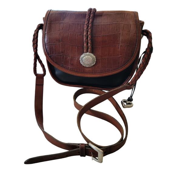VTG 90s Brighton Cara Croc Emboss Leather Saddle Bag Braid Strap Crossbody Purse